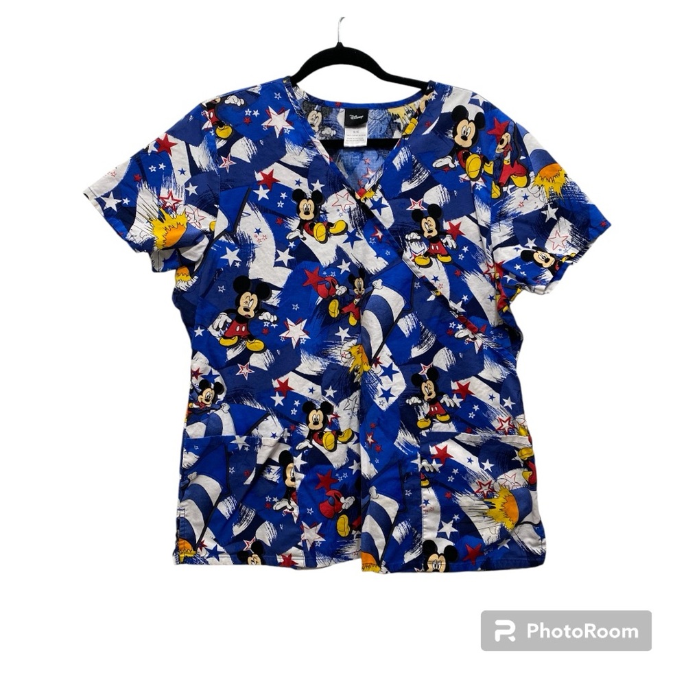 Disney Mickey Mouse Patriotic Red White and Blue Rockets Scrub Top